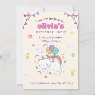 Convite de Aniversário de Gatinho Unicórnio Arco-Í