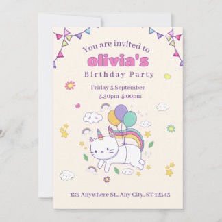 Convite de Aniversário de Gatinho Unicórnio Arco-Í