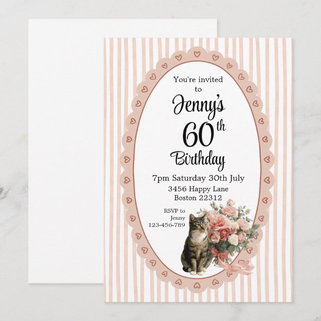 Convite de aniversário de gato floral com listra r (Frente/Verso)