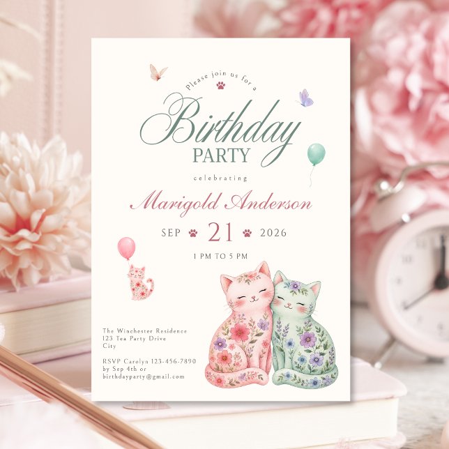 Convite de Aniversário de Gato Floral Pastel para  (Pastel Floral Cat Birthday Invitation for Girls)