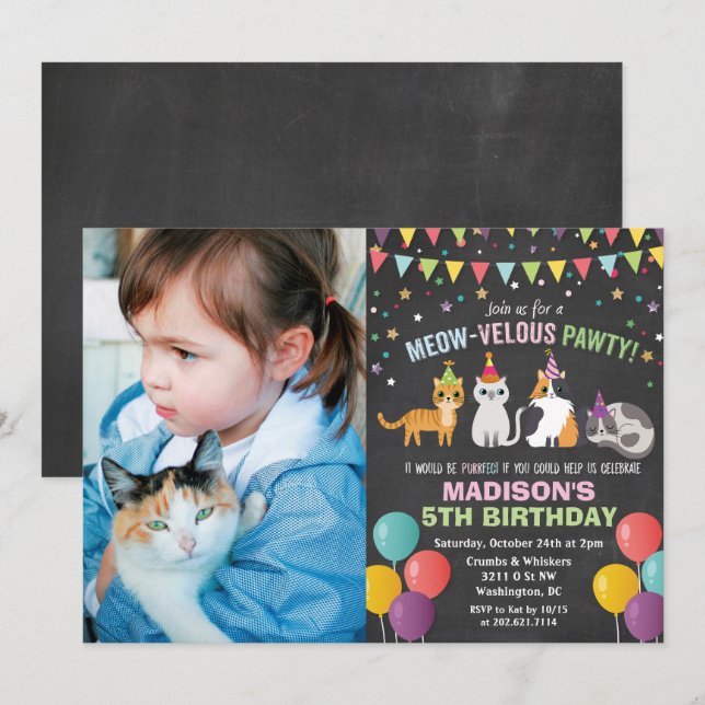CONVITE DE ANIVERSÁRIO DE GATO GATINHO COM QUALQUE (Frente/Verso)