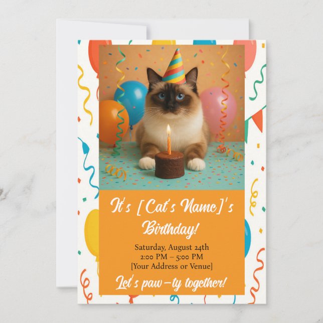 Convite de Aniversário de Gato Personalizado (Frente)