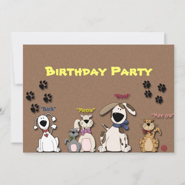 Convite de Aniversário de Gatos & Cães Fofos (Frente)