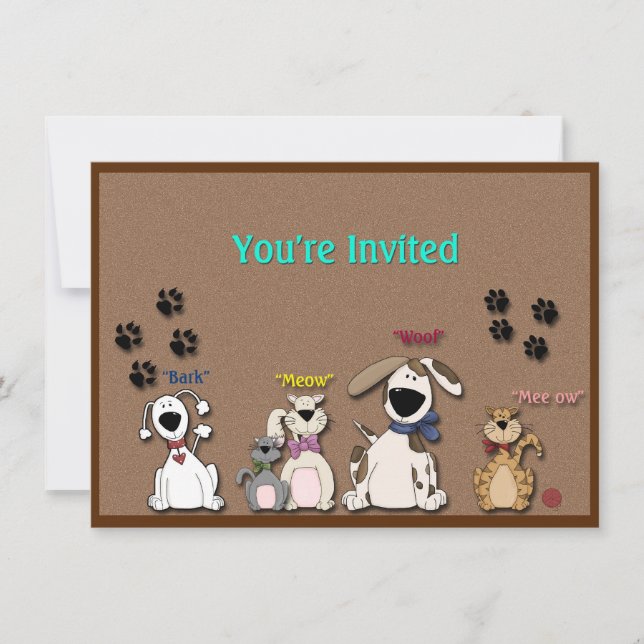 Convite de Aniversário de Gatos e Cachorros Fofos (Frente)