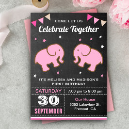 Convite de Aniversário de Gêmeas Meninas com Elefa