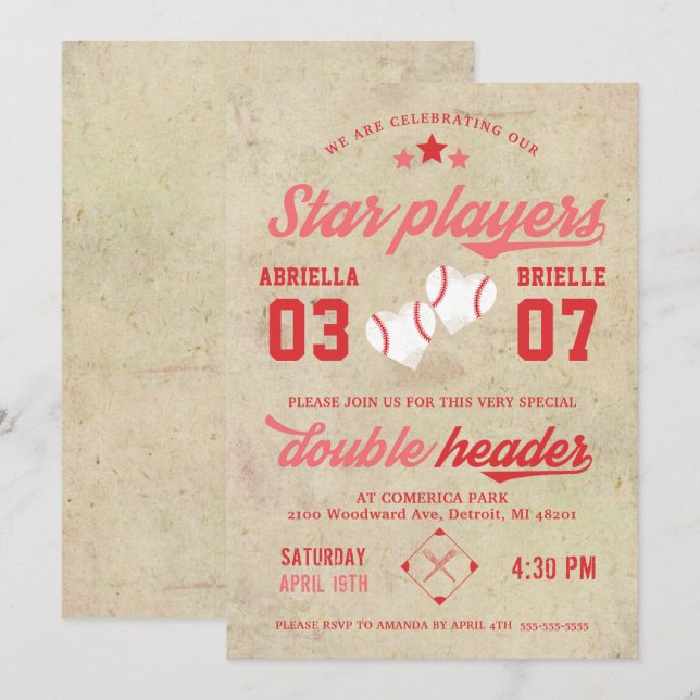 Convite de Aniversário de Gêmeas para Menina de Be (Frente/Verso)