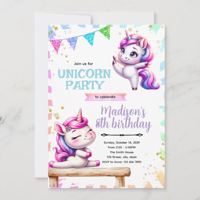convite de aniversário de ginástica de unicórnio (Frente)
