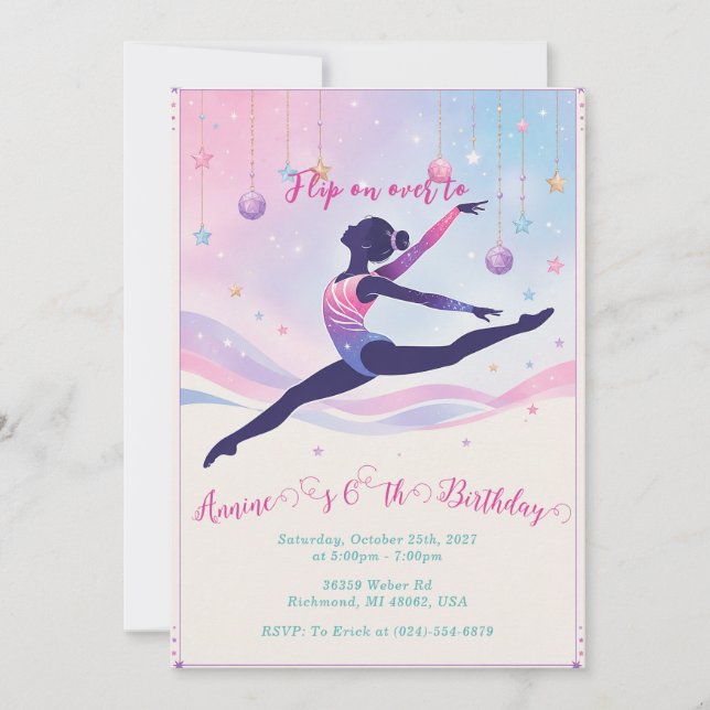 Convite de Aniversário de Ginástica para Meninas P (Frente)
