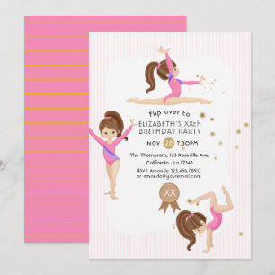 Convite de Aniversário de Ginástica Rosa e Dourado