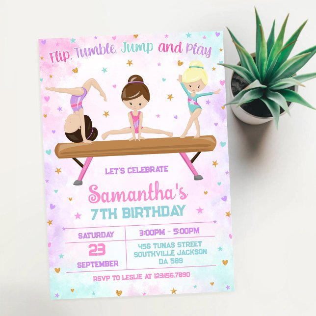 Convite de Aniversário de Ginástica Salto Tumble (Criador carregado)