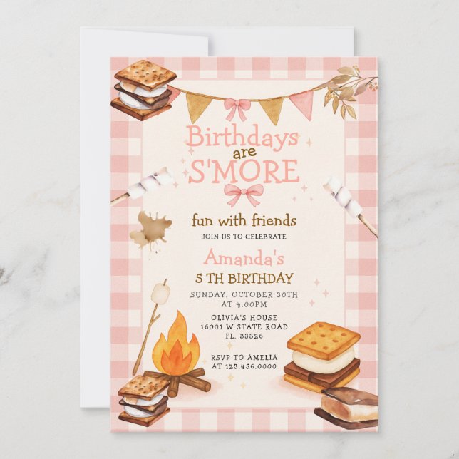 Convite de Aniversário de Gingham Rosa de Outono c (Frente)