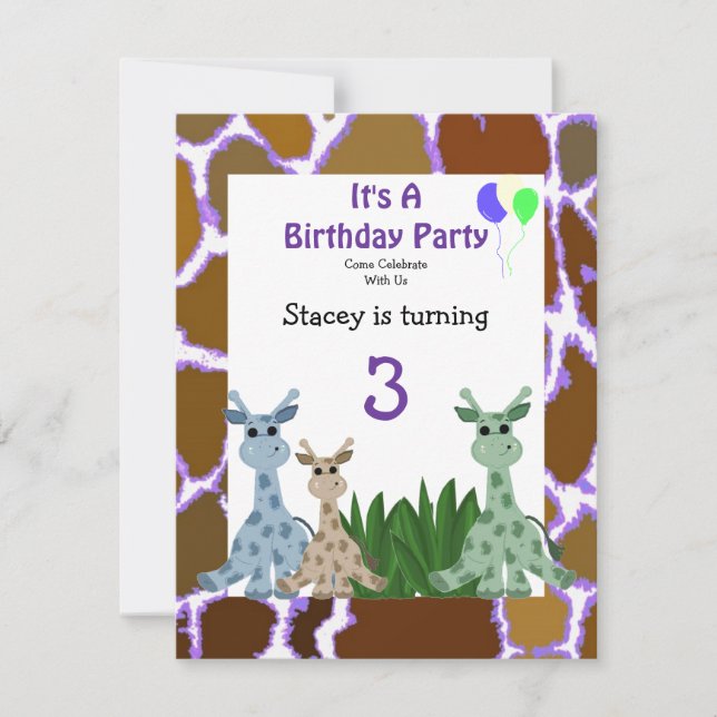 Convite de Aniversário de Girafa Animal (Frente)