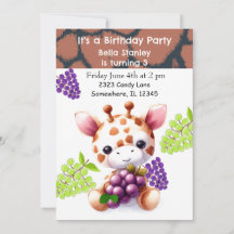 Convite de Aniversário de Girafa Bebê com Uvas