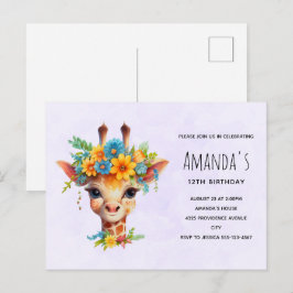 Convite de Aniversário de Girafa Fofa com Coroa Fl