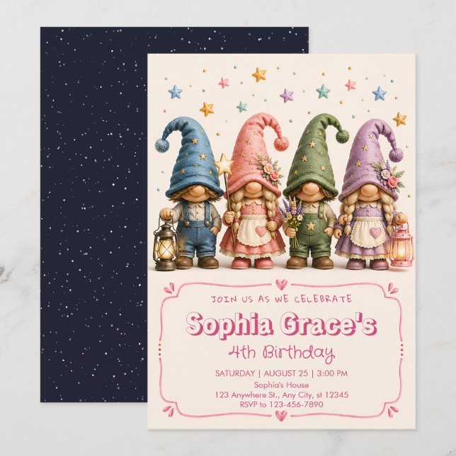 Convite de Aniversário de Gnome de Pastel Doce (Frente/Verso)