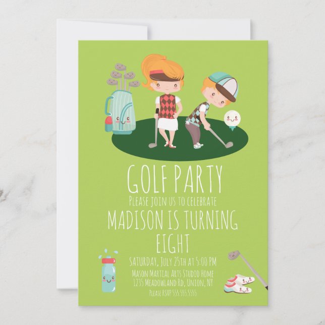 Convite de Aniversário de Golfe Fofo Menino Menina (Frente)