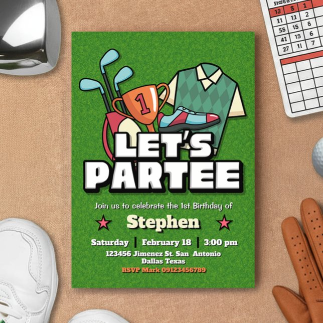 Convite de Aniversário de Golfe - Vamos Partee (Lets Partee - Golf Birthday Invitation)