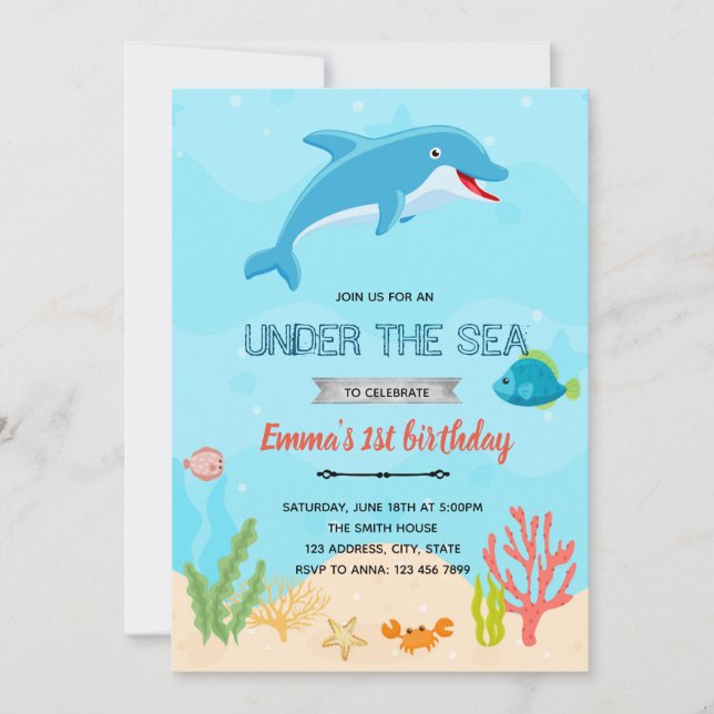 convite de aniversário de golfinho (Frente)