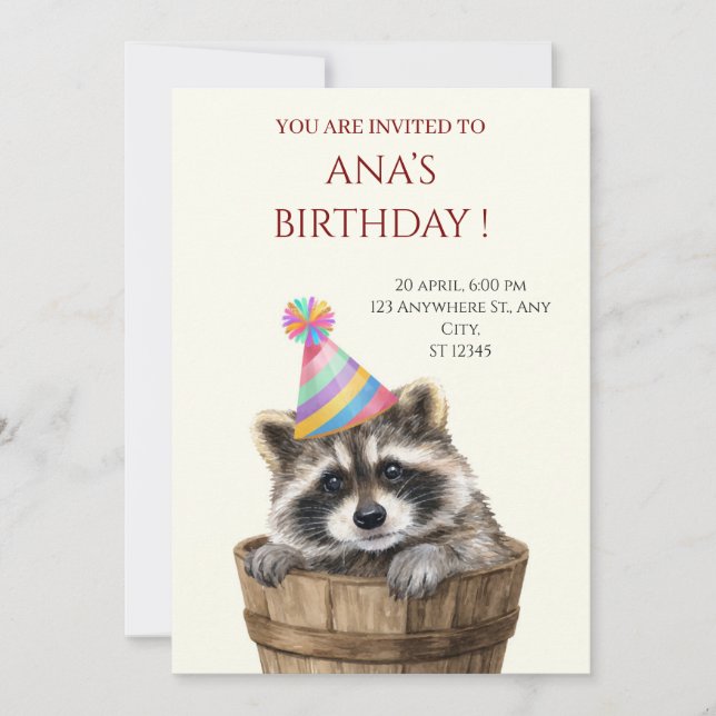Convite de Aniversário de Guaxinim Fofo  (Frente)