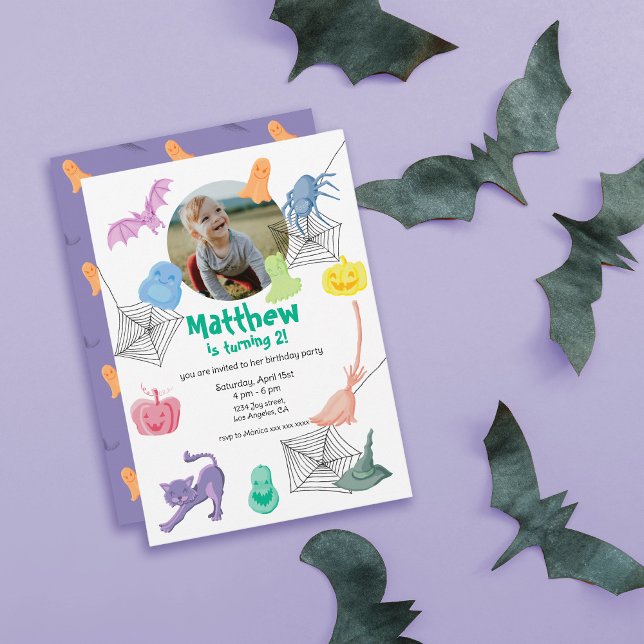 Convite de aniversário de Halloween (Halloween-themed birthday party invitation, customizable with photo, name and party details)