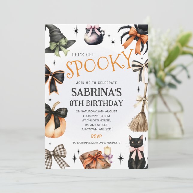 Convite de Aniversário de Halloween Bruxas & Laços (Em pé/Frente)