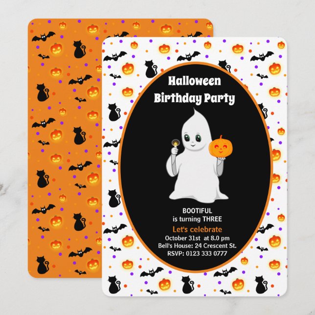 Convite de Aniversário de Halloween com Fantasminh (Frente/Verso)