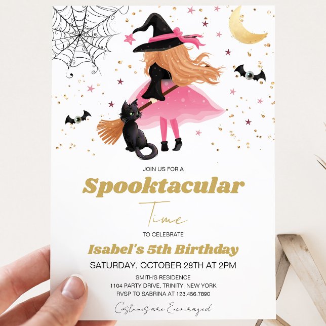 Convite de Aniversário de Halloween da Bruxa Rosa (Criador carregado)