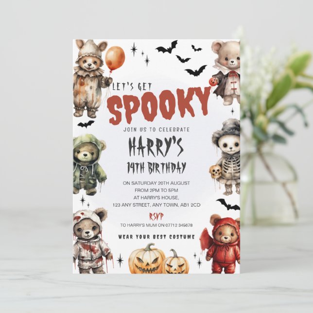 Convite de Aniversário de Halloween dos Ursinhos S (Em pé/Frente)
