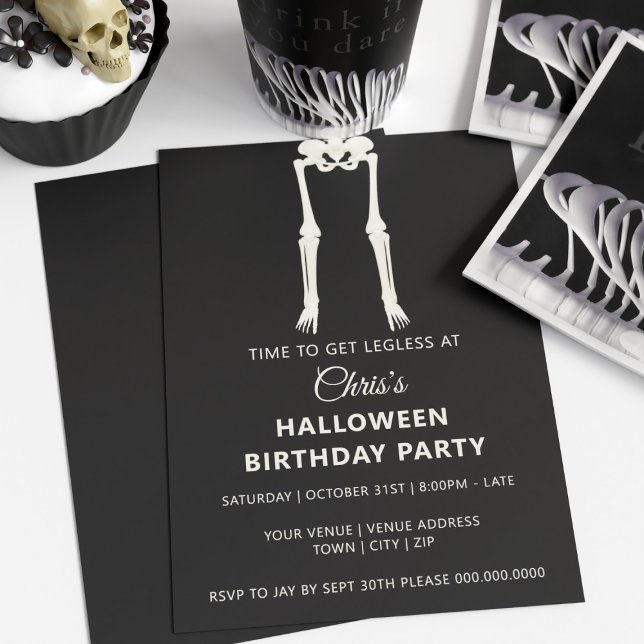 Convite de Aniversário de Halloween Esqueleto Fest (Happy Halloween Birthday! Time to get legless. Add your party details and have a spooktacular time)