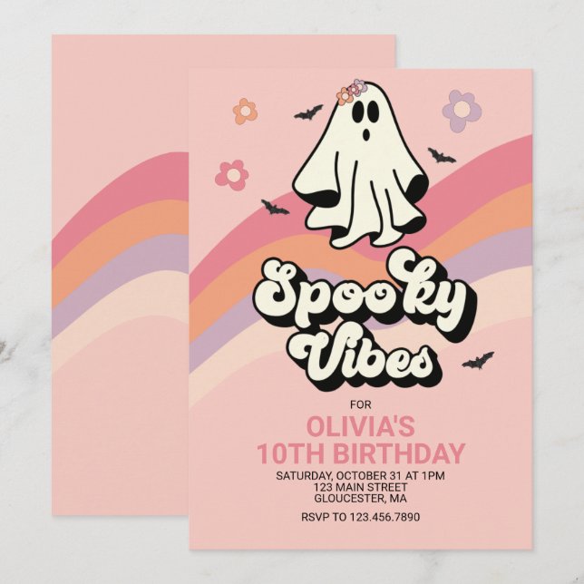 Convite de aniversário de Halloween retrô Groovy G (Frente/Verso)
