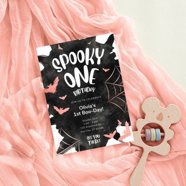 Convite de Aniversário de Halloween Rosa Morcegos  (Spooky One Invitation Halloween Birthday Template,EDITABLE Black Pink Cute Bats First Birthday Invit)