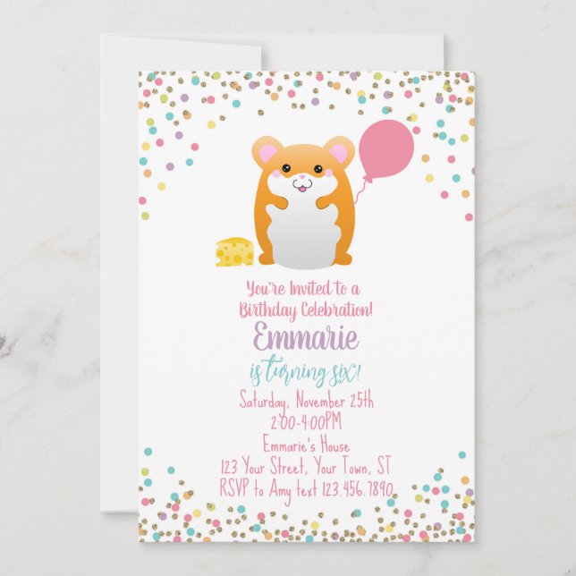 Convite de aniversário de Hamster Confetti Glitter (Frente)