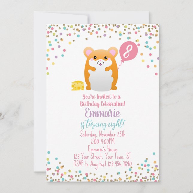 Convite de aniversário de Hamster Confetti Glitter (Frente)