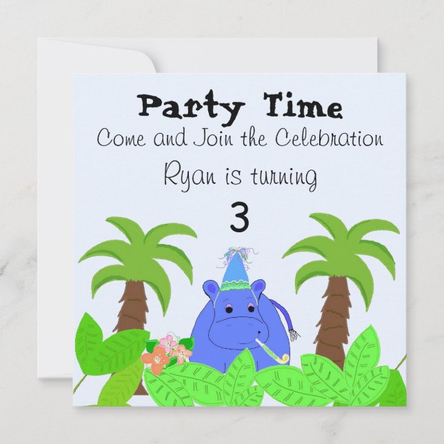 Convite de Aniversário de Hipopótamo na Selva (Frente)
