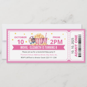 Convite de aniversário de ingresso de filme rosa