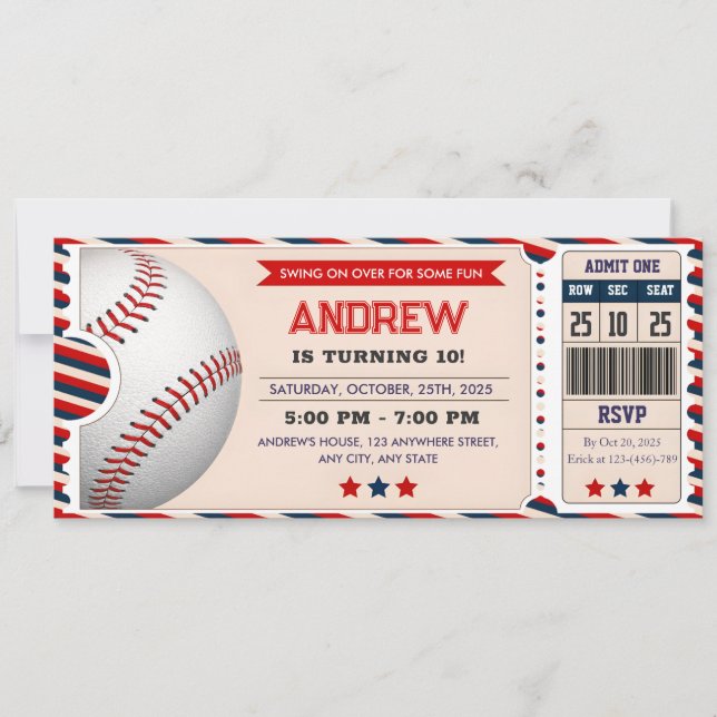 Convite de aniversário de ingresso para beisebol p (Frente)