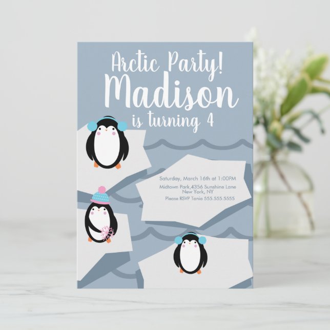 Convite de Aniversário de Inverno com Pinguim Mode (Em pé/Frente)