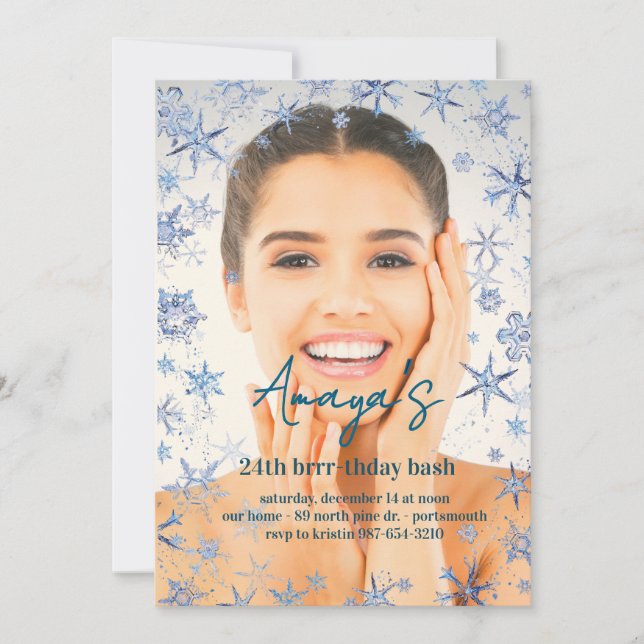 Convite de Aniversário de Inverno Flocos Quadro Ba (Frente)