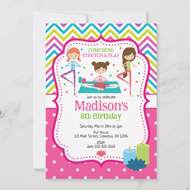 Convite de Aniversário de Ioga para Meninas (Frente)