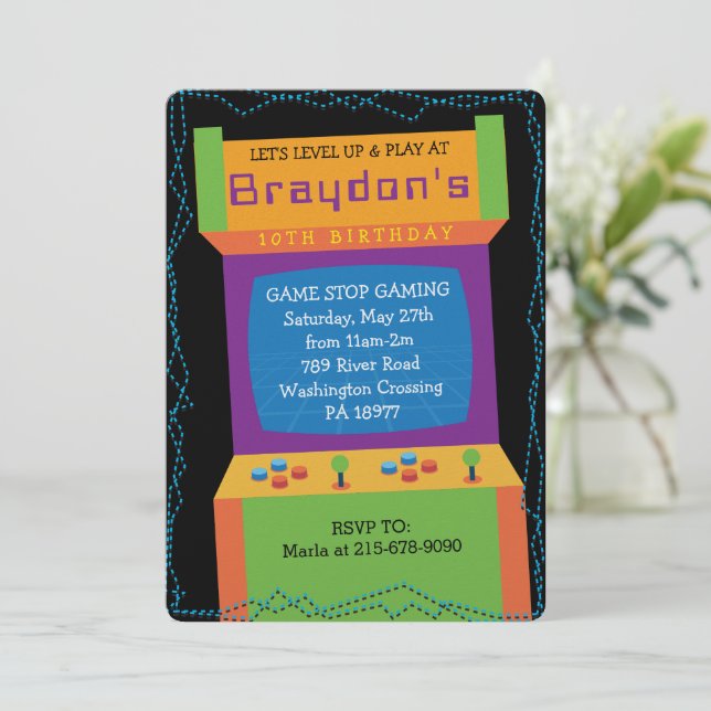 CONVITE DE ANIVERSÁRIO DE JOGO DE VÍDEO ARCADE (Em pé/Frente)