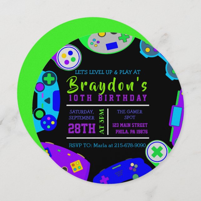 Convite de aniversário DE JOGOS DE VÍDEO (Frente/Verso)