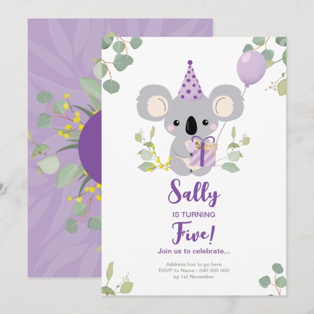 Convite de aniversário de Koala (Frente/Verso)