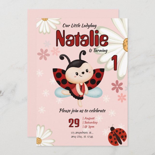 Convite de Aniversário de Ladybug Personalizado (Frente/Verso)