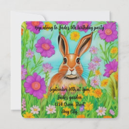 Convite de aniversário de lebre, texto editável.