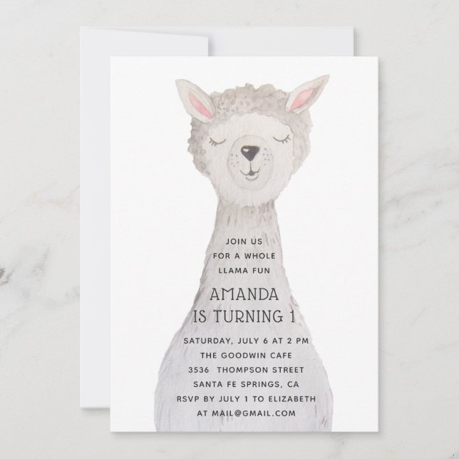 Convite de Aniversário de Lhama em Aquarela Fofa | (Frente)