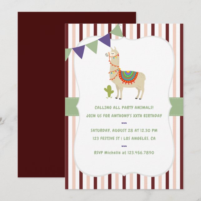 Convite de aniversário de Llama com cores da moda (Frente/Verso)