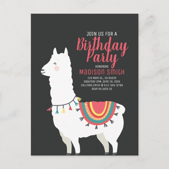 Convite de Aniversário de Llama e Balão de Festa F (Frente)