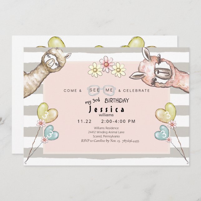 Convite de aniversário de Llama Girl (Frente/Verso)