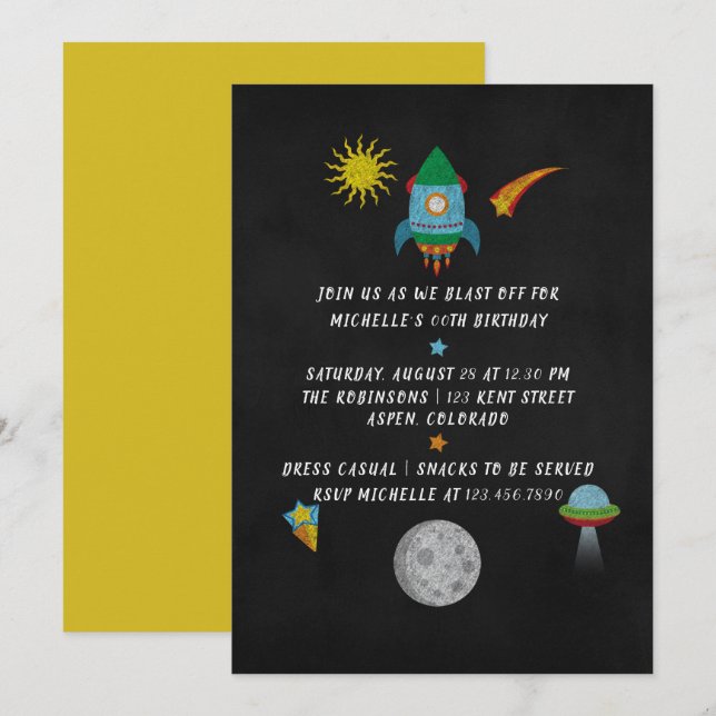 Convite de aniversário de lousa temática de Espaço (Frente/Verso)
