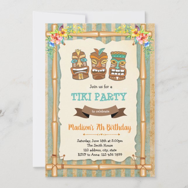 Convite de aniversário de luau tiki tropical (Frente)